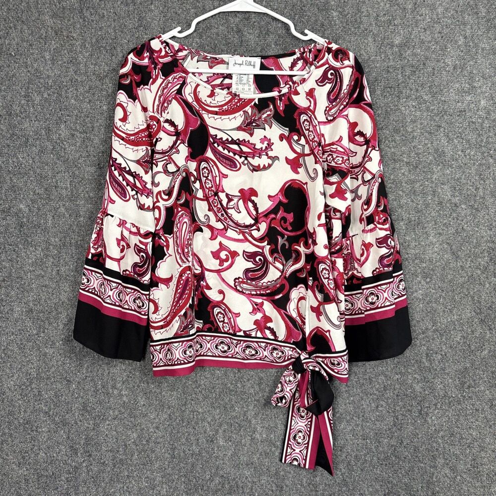 Joseph Ribkoff Top Blouse Womens 10 Red Black Silky Artsy Money Romantic